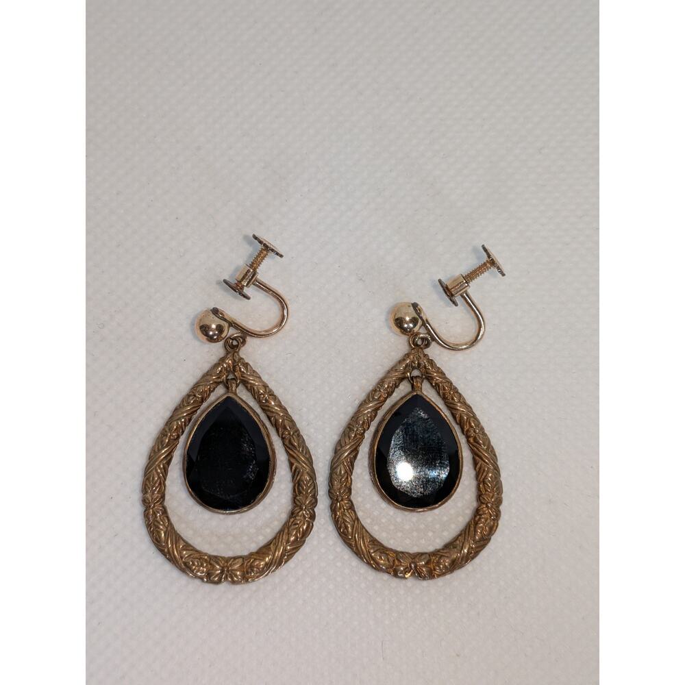 Stephen Dweck Black Onyx Etched Bronze Gold Teardrop Dangle Clip GF Earrings - Picture 6 of 7